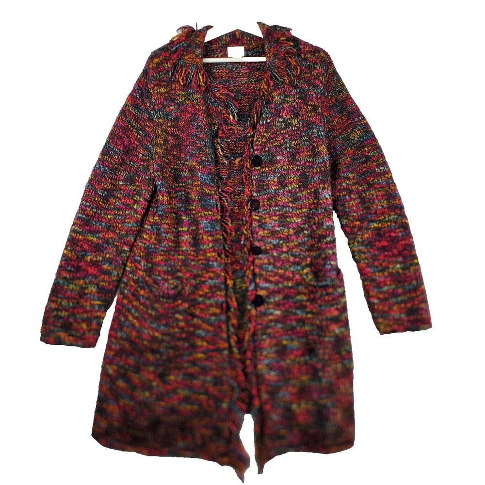Chico's Sweater‎ Women's 2 Pink Orange Wool Cardigan Duster Fringe Cabincore
